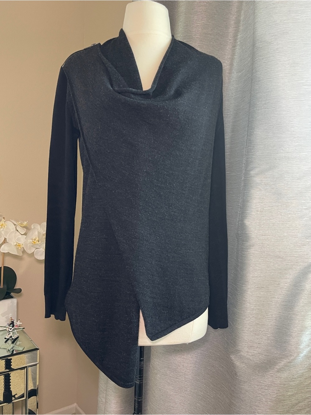 All Saints Black Asymmetric Cowl Turtleneck Sweater